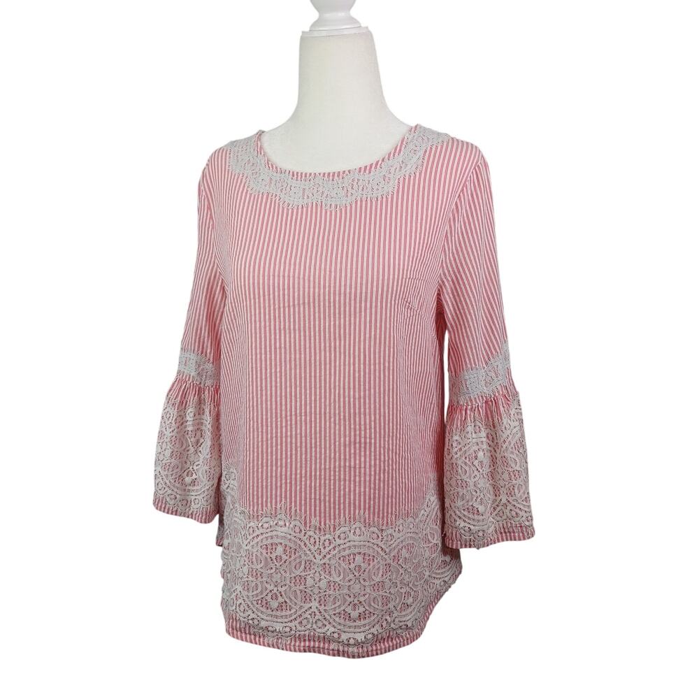 Valerie Steven's Tunic Top Size S Boho Floral Lace Bell Sleeve Tie Neck Peasant